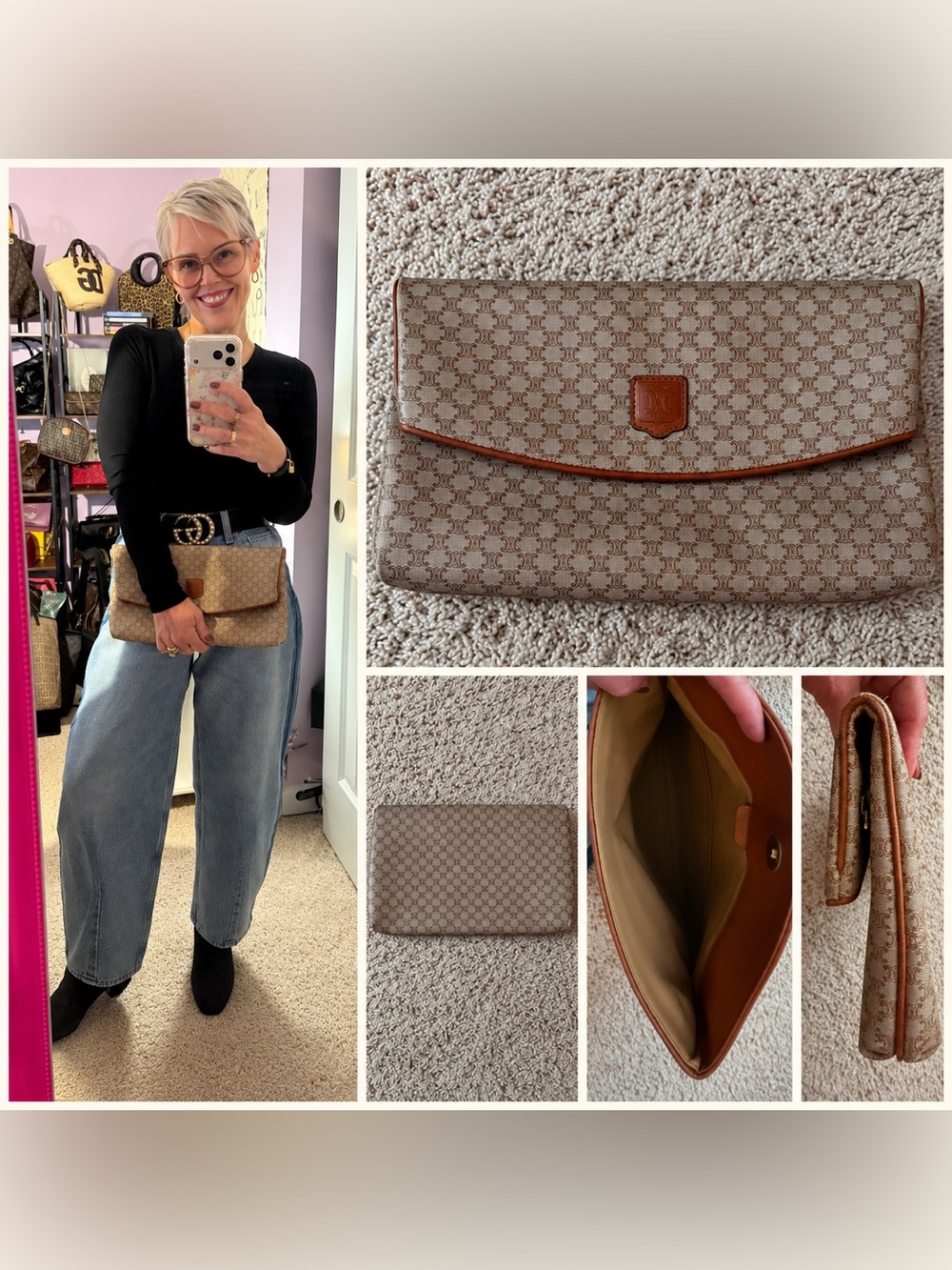 Celine Triomphe Canvas Fold-Over Clutch in Beige and Brown Trim